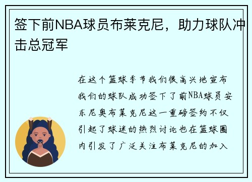 签下前NBA球员布莱克尼，助力球队冲击总冠军