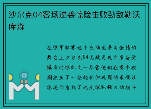 沙尔克04客场逆袭惊险击败劲敌勒沃库森