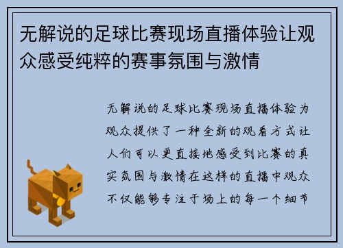 无解说的足球比赛现场直播体验让观众感受纯粹的赛事氛围与激情