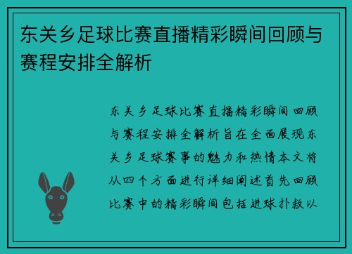 东关乡足球比赛直播精彩瞬间回顾与赛程安排全解析