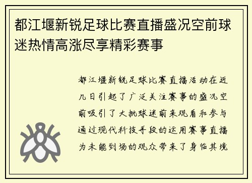 都江堰新锐足球比赛直播盛况空前球迷热情高涨尽享精彩赛事